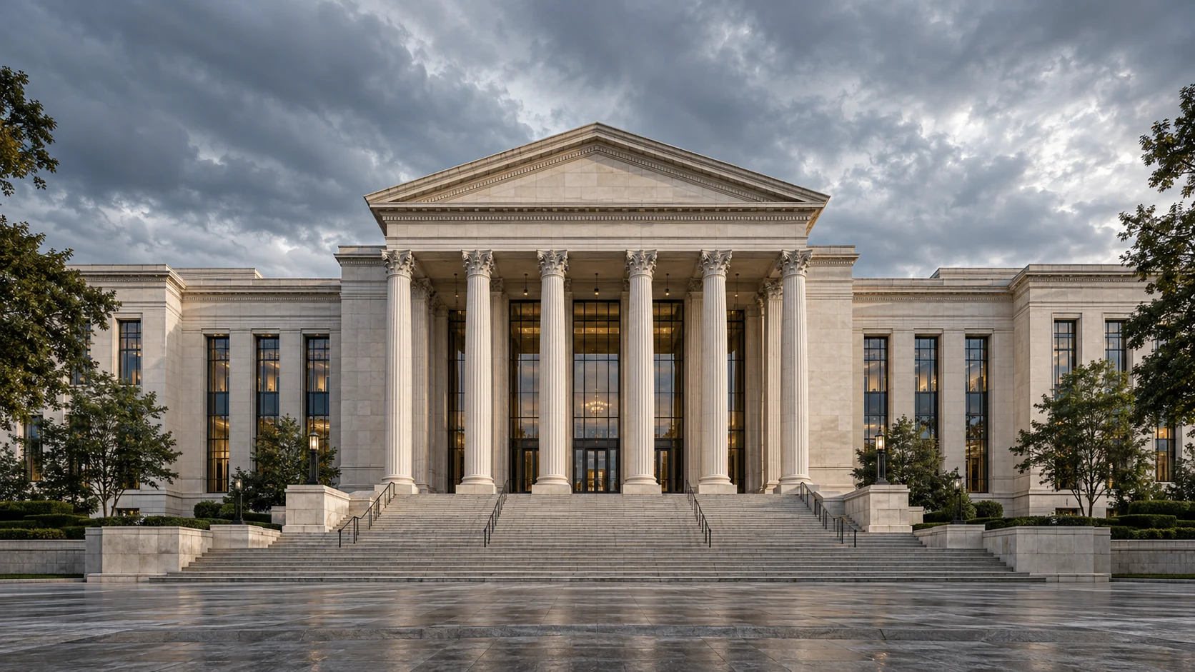 A monumental courthouse design with a broad civic plaza and pale stone colonnade