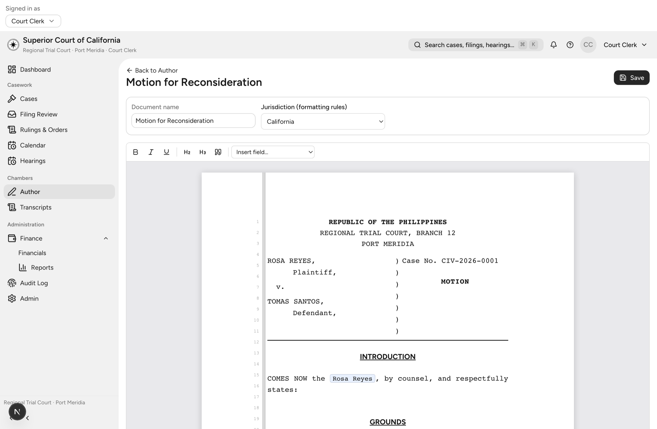 ASTRAEA’s document authoring interface, with case navigation, document controls, and a formatted court filing