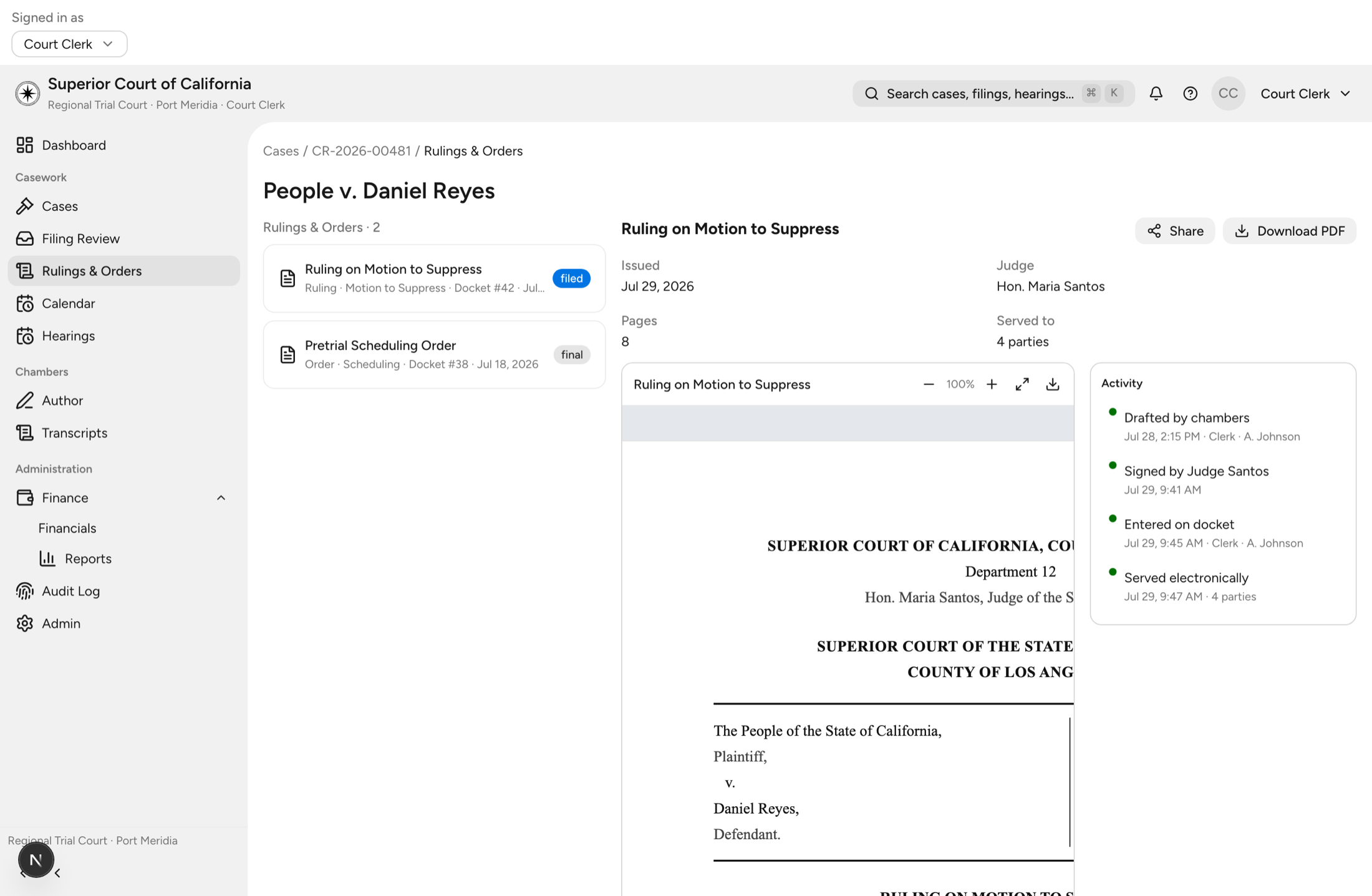 ASTRAEA Chambers showing the rulings and orders workspace, with a document viewer and activity history